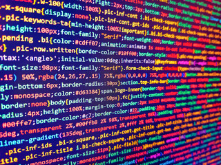 A striking digital error message superimposed over a background of blue and red binary code. Abstract background of digital binary code of software. Computer html code on screen. Binary code.