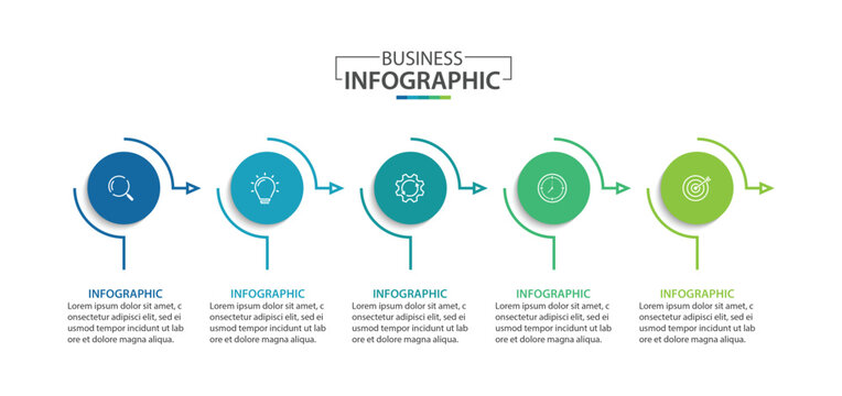 Business outline infographic label design with arrows and marketing icons. Concept of startup development with 5 options.