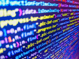 Abstract computer script code. Binary code. Business graph background. Computer virus concept. Color coding on screen. Blue background with abstract stock diagrams. Blue color. Developer work.