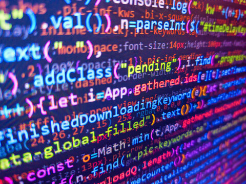 Technology display. Blue software developer. Website programming code. Binary code. Programming code screen of software developer. Remote work search. Blue monitor and window. Code background.