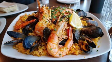 Vibrant Seafood Paella with Shrimp Mussels Lemon and Herbs