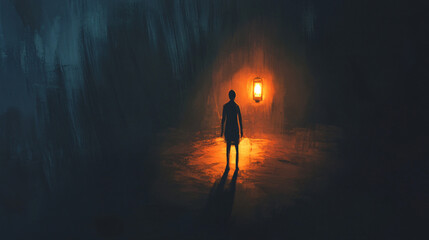 Fototapeta premium A figure holding a lantern in a dark room, casting shadows that dance around them, representing hope amidst despair.