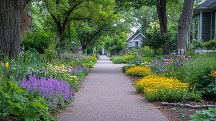 Fototapeta premium Vibrant Flower Garden Pathway Surrounded by Lush Greenery