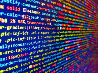 Computer virus concept. Php web programming source code. Developer work. Code background. Abstract modern virtual computer script. Programmer developer screen concept. Network on monitor screen.