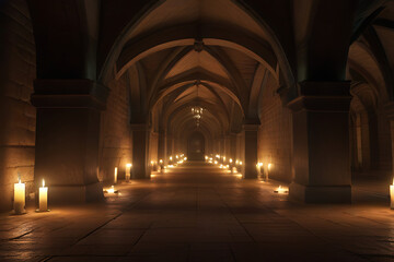 Obraz premium Gothic Underground Hallway Lit with Flickering Candlelight
