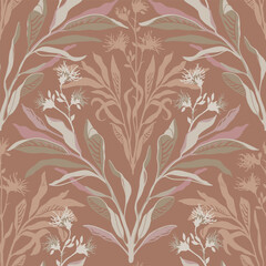 Vector floral damask style pattern with soft blooming branch motifs on neutral background For digital backgrounds, fabrics, wallpapers, scrapbooking, and classic home decor. Mocha Mousse, pastel brown