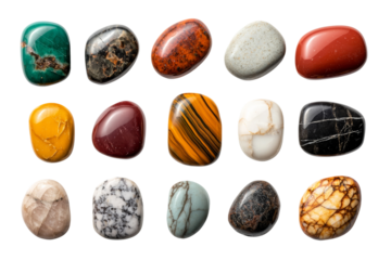 Collection of polished stones in various colors and patterns on a white isolated background.