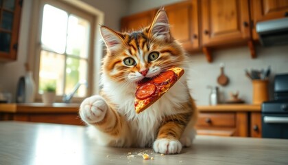 cat eating pizza in the kitchen