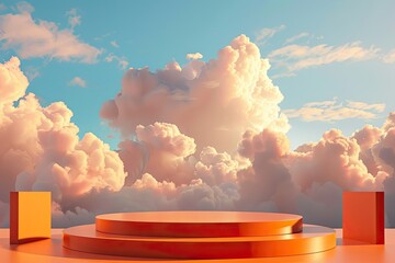 Detailed Picture of Background Podium Orange 3D Product Sky Platform Display Cloud