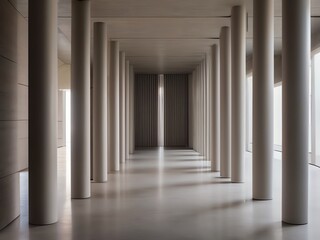 Fototapeta premium An image scene of a symmetrical corridor lined with tall concrete columns