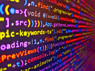 Backend programming, software development concept. Closeup view of binary computer code with green...
