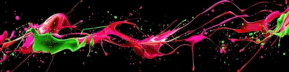 Dynamic vector art of neon pink, green, and red splashes on black, captured with ultra-realistic detail.