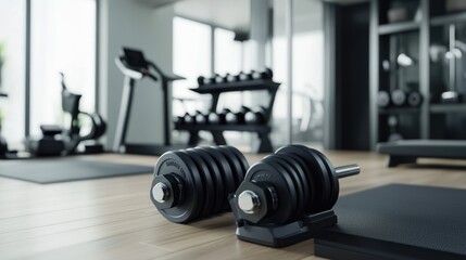 Fototapeta premium Modern Gym Interior with Dumbbells and Fitness Equipment in Focus