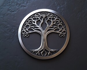 Elegant 3D silver Yggdrasil tree logo with metallic texture on dark grey. Circular badge design, high detail, soft shadows, and ultra HD.