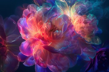 Obraz premium A stunning display of luminous flowers radiates vibrant colors, creating a magical atmosphere filled with intricate patterns and soft textures.