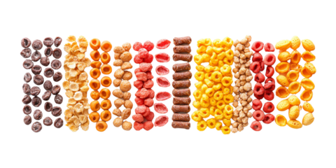 A vibrant arrangement of assorted pasta shapes in various colors on a white isolated background.