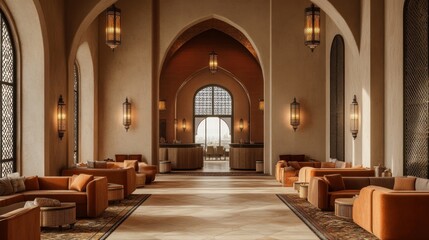 Elegant interior with warm tones and cozy seating 