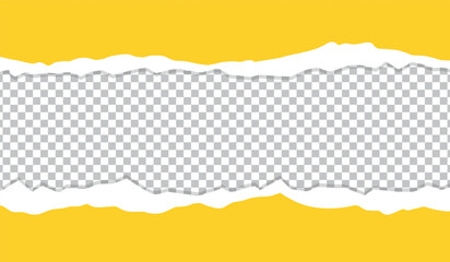 Obraz premium Yellow torn paper edges background. Cut and torn colored paper strips on transparent background. Vector illustration