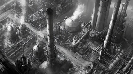 Aerial View of Industrial Complex with Smoke and Machinery