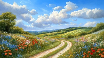 Serene Landscape with Colorful Flowers and Rolling Hills under Sky