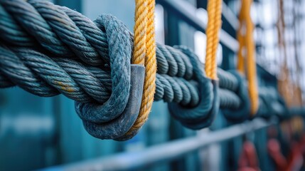 Fototapeta premium Detailed Close-Up of Knotted Rope with Bright Yellow Twine