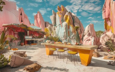 Whimsical al fresco dining setup amid painted rocks under a clear sky, blending art with outdoor cooking