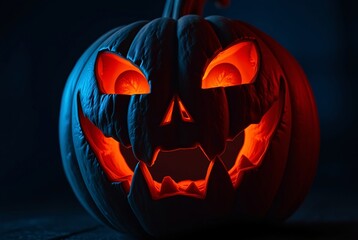 Halloween Jack-o'-lantern: Glowing menacingly in the dark, this intricately carved pumpkin radiates an eerie ambiance, perfect for Halloween and spooky season.