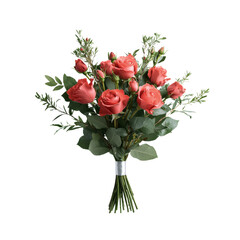 Obraz premium Beautiful bouquet of coral roses surrounded by green leaves, perfect for gifting or decoration.