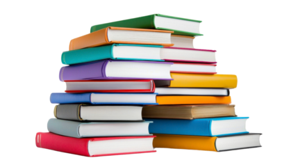 Colorful Stack of Books with Vivid Covers Arranged Neatly on a White Background for Educational or Literary Themed Projects and Concepts