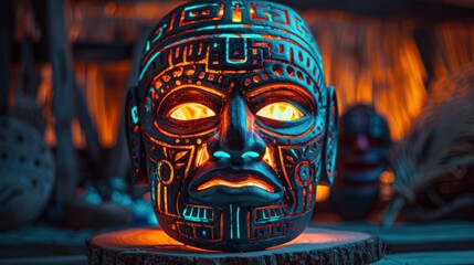 Obraz premium Intricate and ornate tribal mask with detailed patterns symbols and designs The mask has a mystical spiritual and ceremonial appearance