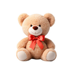 Obraz premium Adorable teddy bear with a red bow, comforting symbol of childhood, against a white background.