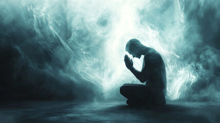 Obraz premium A figure kneeling on the ground, hands clasped in prayer, surrounded by swirling mist, seeking guidance.