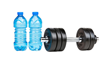 Obraz premium Fitness Essentials for Home Workouts Including Dumbbell and Water Bottles for Hydration and Exercise Motivation