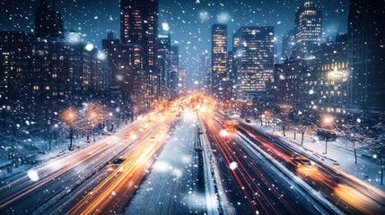 Fototapeta premium Night cityscape with light trails in snow dynamic composition