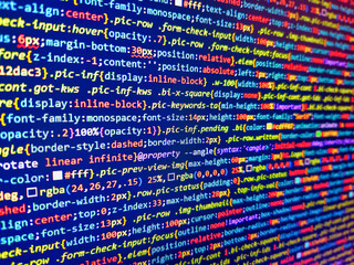 Programming language on laptop computer screen. Programmer monitor with php language code. Programming code on monitor screen. Blue software developer. Network on monitor screen. Coding concept.