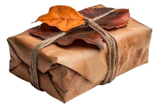 A beautifully wrapped package featuring brown paper and autumn leaves, tied with natural twine, perfect for celebrating the fall season.
