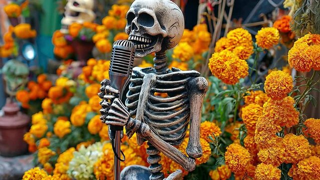 During the Dia de los Muertos festival, a skeleton holding a microphone is surrounded by marigolds and autumnal decorations.
