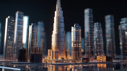 Naklejka premium Nighttime cityscape showcasing a modern skyscraper among other buildings