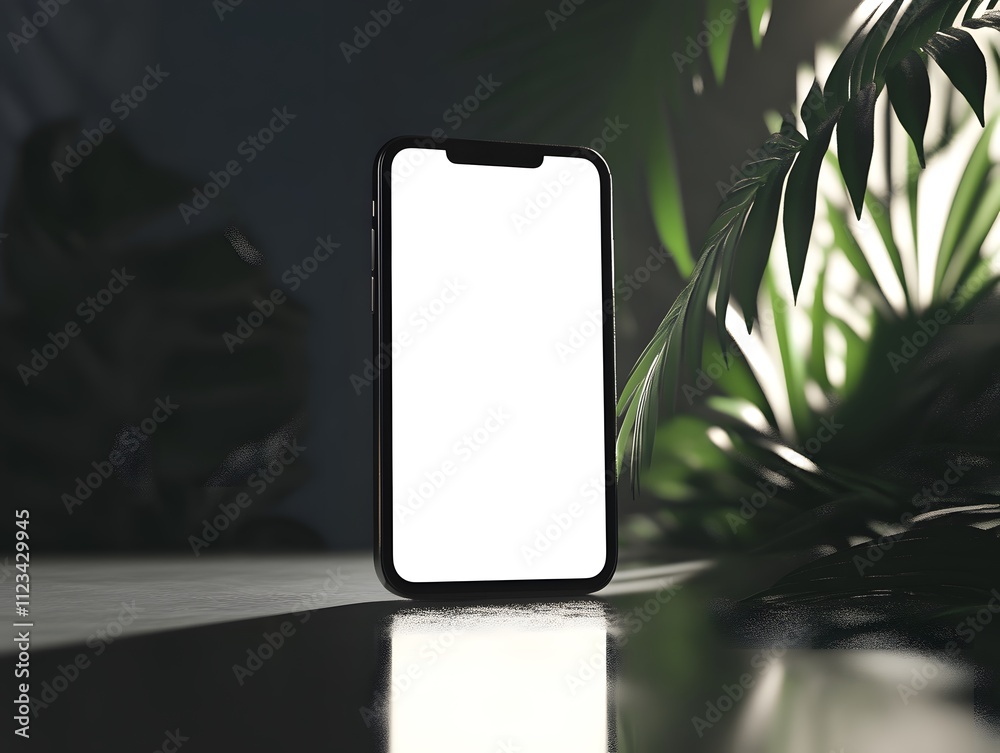 Poster minimalistic smartphone mockup standing on a reflective surface surrounded by lush green plants in a