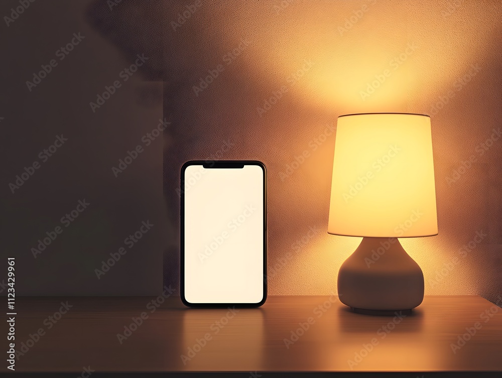 Poster Minimalistic Scene with a Smartphone and a Softly Glowing Lamp Creating a Cozy Atmosphere in a Modern Interior Setting