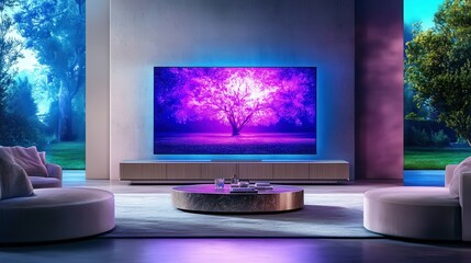 Fototapeta premium A modern living room featuring a vibrant TV display of a purple tree, creating a serene and stylish ambiance.