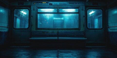 Obraz premium Empty subway train interior illuminated by blue lights during a rainy night