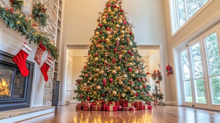 Symmetrical Christmas tree in warm cozy living room