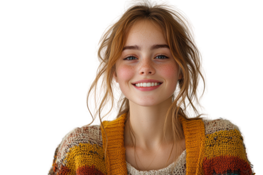 A cheerful young woman smiling with long, wavy hair, wearing a colorful sweater. The bright expression captures a sense of warmth and happiness.