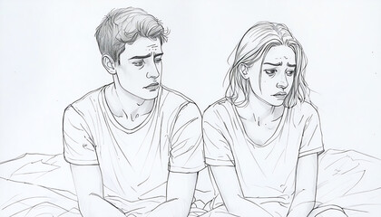Young man and woman in bed unhappy with each other because of problems with sex. Illustration in modern style. Concept of sexual problems in young heterosexual couples