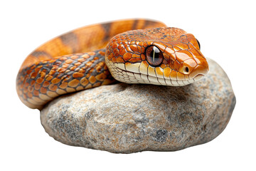Fototapeta premium A close-up of a colorful snake resting on a smooth rock, showcasing intricate patterns and vibrant colors against a white isolated background.