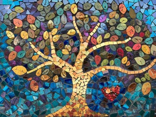 Fototapeta premium Intricate mosaic of a tree with fruits and hearts conveying themes of new life and growth. Artistic and colorful expression in a tile mosaic