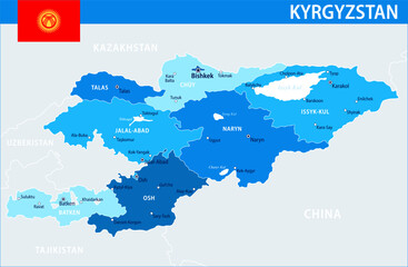 Obraz premium Kyrgyzstan Map Vector Blue Spot - Customizable layered political map of Kyrgyzstan with administrative divisions for website, education, reports, news, politics, print, poster and wallpaper
