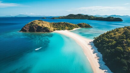 Fototapeta premium A drone shot of a tropical island with turquoise lagoons and white sandy beaches under clear blue skies