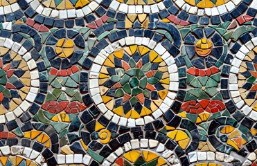 Obraz premium Geometric mosaic artwork with concentric circles in earthy tones, reflecting ancient design techniques and symmetry in art